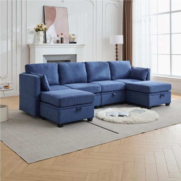 HOMFURN 4 Seater Modular Sectional Sofa with Storage, U Shaped Sectional Couch for Living Room, Convertible Modular Sofa Couch with Ottomans, Blue