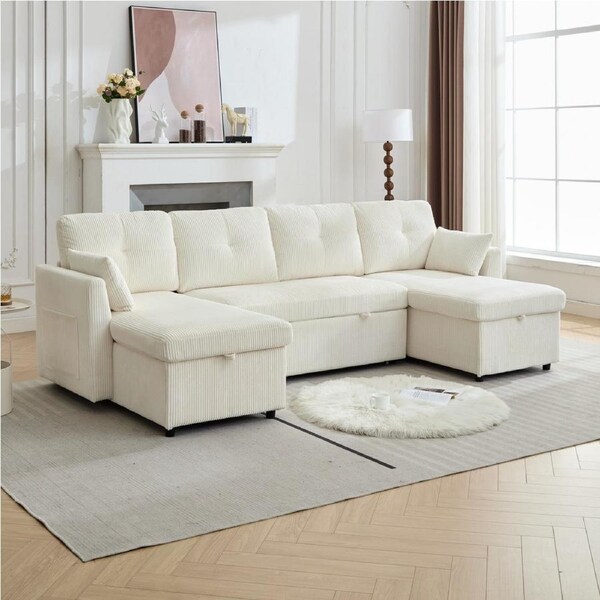 HOMFURN 4 Seater Pull Out Sofa Bed with Double Storage Chaise, U Shaped Sleeper Couch with Storage, Beige