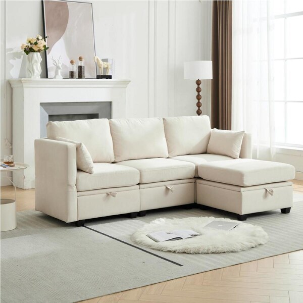 HOMFURN 3 Seater Modular Sectional Sofa with Storage, L Shaped Sectional Couch for Living Room, Convertible Modular Sofa Couch with Ottomans, Beige