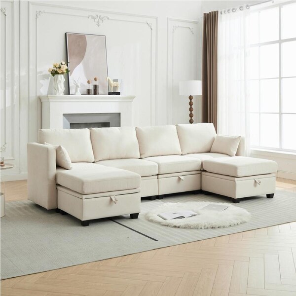 HOMFURN 4 Seater Modular Sectional Sofa with Storage, U Shaped Sectional Couch for Living Room, Convertible Modular Sofa Couch with Ottomans, Beige