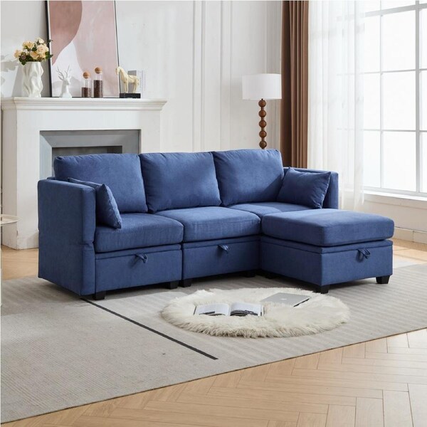 HOMFURN 3 Seater Modular Sectional Sofa with Storage, L Shaped Sectional Couch for Living Room, Convertible Modular Sofa Couch with Ottomans, Blue