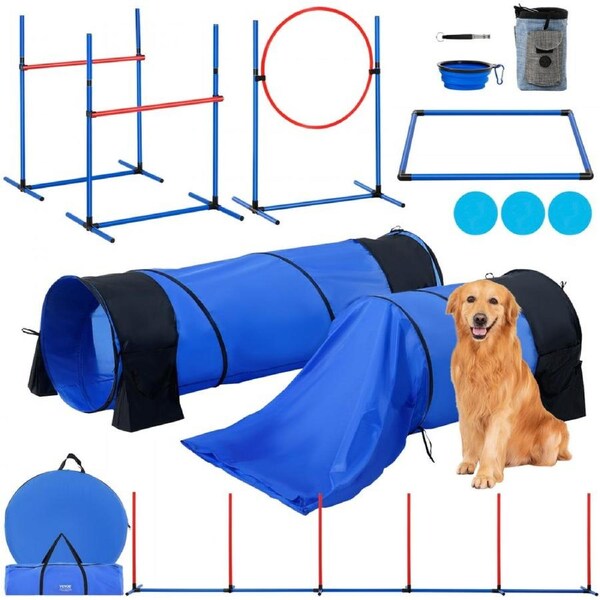 Dog Agility Training Equipment 7 PCS Set w/ Hurdles 2 Tunnels Jump Ring