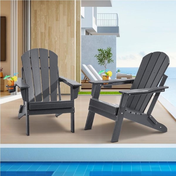 Adirondack Chair Plastic Set of 2 All-Weather Folding Fire Pit Gray