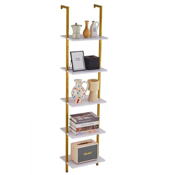 Industrial Square Pipe Shelf 5 Tier 40x30x178cm Wall-Mount Gold White