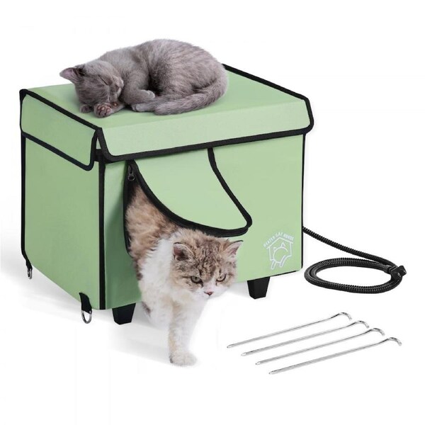Elevated Heated Cat House Cuboid Kitty Shelter with Heated Pad Green (S)