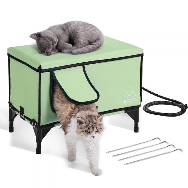 Elevated Heated Cat House Cuboid Kitty Shelter with Heated Pad Green (L)