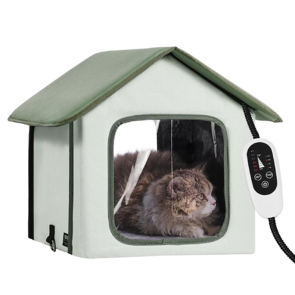 Elevated Heated Cat House Outdoor Kitty Shelter with Heated Pad Green (S)