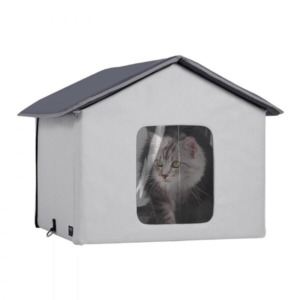 Heated Cat House Foldable Kitty Shelter with Heated Pad Gray Middle