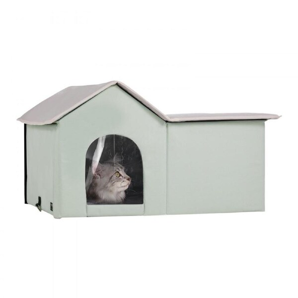 Heated Cat House Foldable Kitty Shelter with Heated Pad Green Large