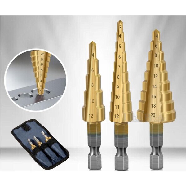 Step Cone Drill 3X Large HSS Steel Titanium Bit Set Hole Cutter 3/12mm 4-12/20m