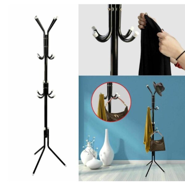 Black 3-Tier Hat Coat Hanger Tree Style Steel Stand 12 Hook Clothes Rack