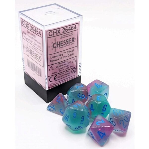 Dice - Chessex 7 Polyhedrals - Gemini Luminary - Gel Green-Pink/Blue
