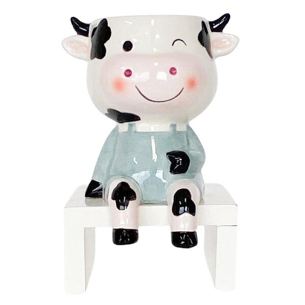 Urban Products Sitting Cow Themed Planter Home Garden Decor White Sage 14cm