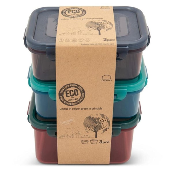 3PK Locknlock Eco Rectangle Airtight Food Container Travel/Pantry Storage Set