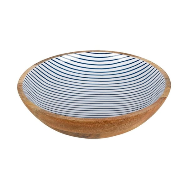 Good Vibes Round Salad Bowl Wood Enamel Mediterranean Print Serveware 31.5cm