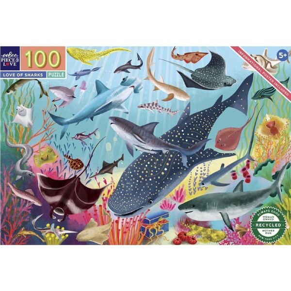 100pc eeBoo Jigsaw Puzzle Love of Sharks 45x68cm Kids Educational Game 5+