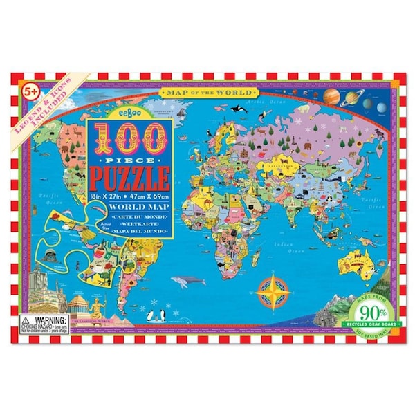 100pc eeBoo Jigsaw Puzzle World Map 45x68cm Kids/Children Learning Game 5+
