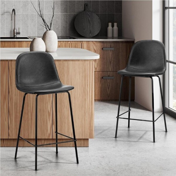 Oikiture 2x Bar Stools Kitchen Dining Chair Counter Stool PU Leather Black