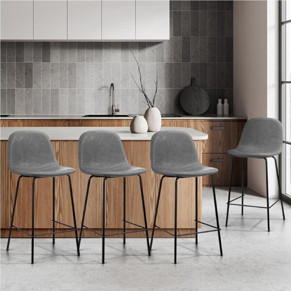Oikiture 4x Bar Stools Kitchen Dining Chair Counter Stool PU Leather Grey