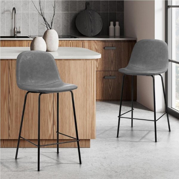 Oikiture 2x Bar Stools Kitchen Dining Chair Counter Stool PU Leather Grey