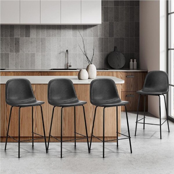 Oikiture 4x Bar Stools Kitchen Dining Chair Counter Stool PU Leather Black