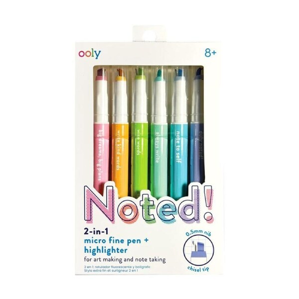 6pc Ooly Noted 2in1 Micro Fine Pen Highlighter Art Colouring Marker Set 8y+