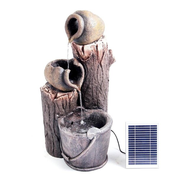 Solar Fountain Water Feature Bird Bath RUSTIC POURING BROKEN POTS ON TREE TRUNK F956