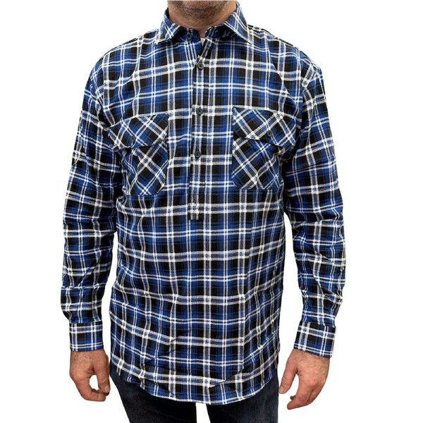 Mens Flannelette Long Sleeve Pullover Shirt 100% Cotton Flannel - Half Placket - Blue/Black M