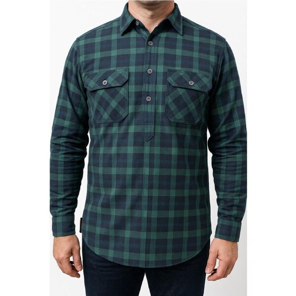 Mens Flannelette Long Sleeve Pullover Shirt 100% Cotton Flannel - Half Placket - Green/Navy 6XL