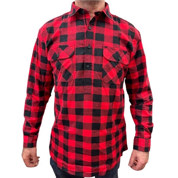 Mens Flannelette Long Sleeve Pullover Shirt 100% Cotton Flannel - Half Placket - Red/Black L