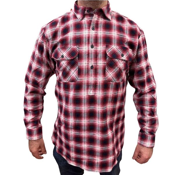 Mens Flannelette Long Sleeve Pullover Shirt 100% Cotton Flannel - Half Placket - Red/Navy S