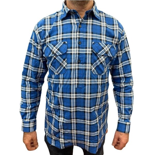 Mens Flannelette Long Sleeve Pullover Shirt 100% Cotton Flannel - Half Placket - Navy L