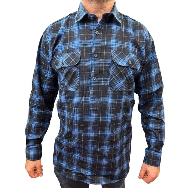 Mens Flannelette Long Sleeve Pullover Shirt 100% Cotton Flannel - Half Placket - Blue XL