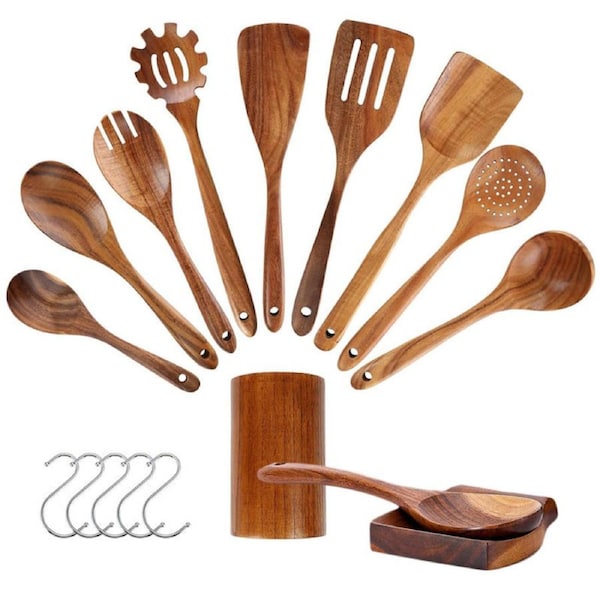 Catzon 11Pcs Wooden Cooking Utensils Set Wooden Spoons for Cooking with Holder and Spoon Rest