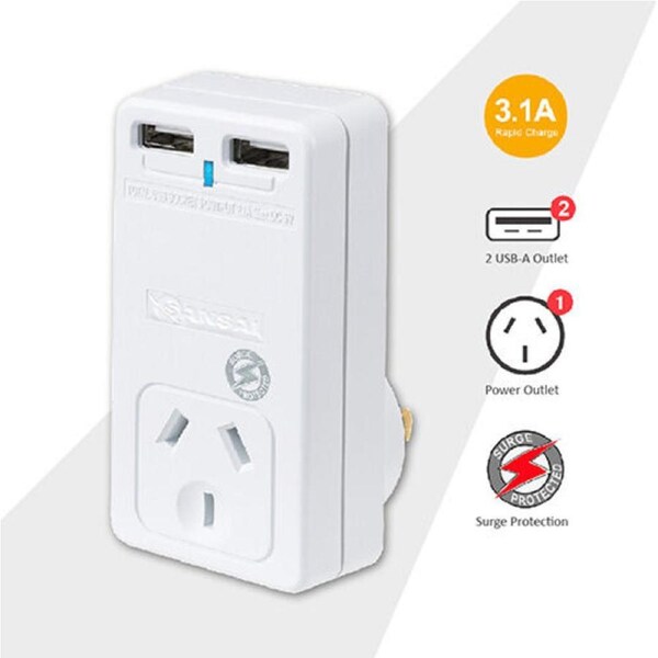 Sanai PAD-302USB 3.1 A 2USB- A Wall Socket Adapter Plug Phone Charger White
