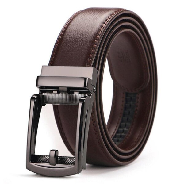 Automatic Steel Buckle Brown Leather Belt Detachable Waistband Cuttable Strap