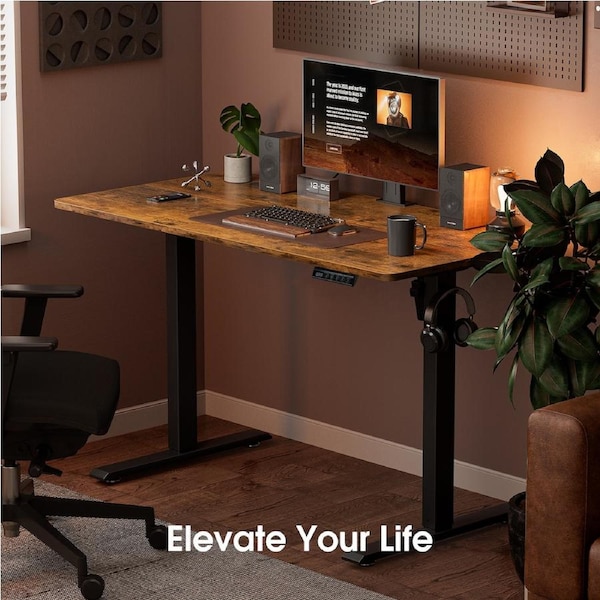 ApexSpace 120CM Electric Standing Desk Height Adjustable Sit Stand Lifting Table with Hooks for Home Office Metal Frame Stand up Desk with Powerful Motor Spliced Board 120*60CM Rustic Brown+Black