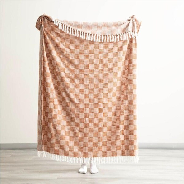 Nevis Checkered Stone Washed Yarn-Dyed Throw 130 x 170 cms Terracotta