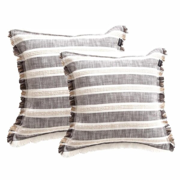 Capri Stripe Stone washed Yarn-dyed Cushion Twin Pack 50 x 50 Cms Polyester Filled Onyx