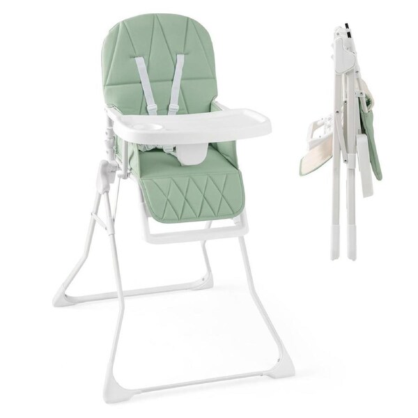 Costway Foldable High Chair Easy Clean Compact Highchair w/PU Seat Cushion Adjustable Feeding Chair Green