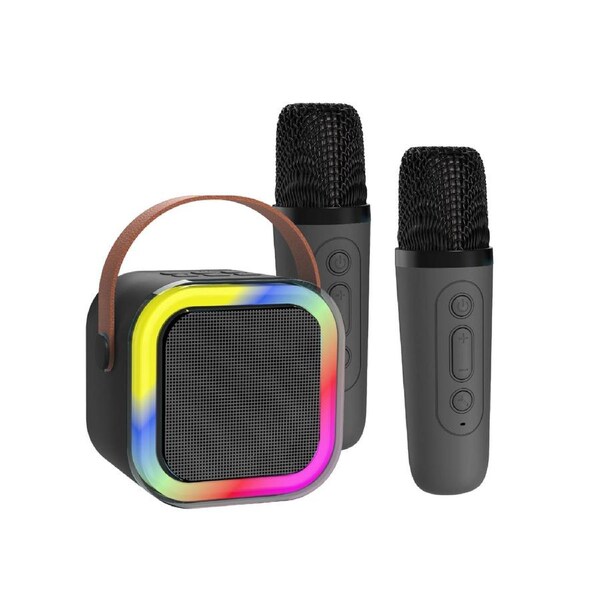Mini Karaoke Speaker with Bluetooth, Dual Wireless Mics, LED Lights, Voice Effects