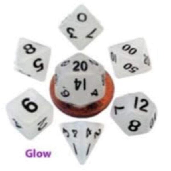 Metallic Dice Games 7-Set Mini: 10Mm: Glow Cl W/Bk Numbers