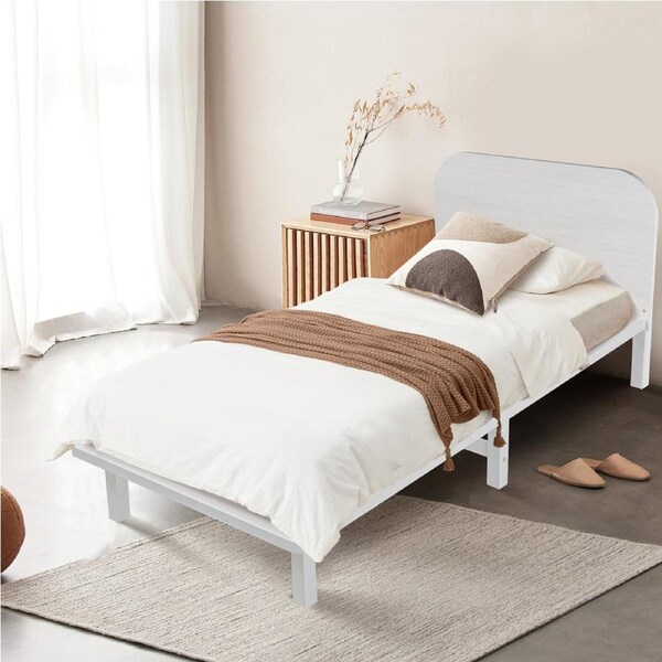 ACA King Single Wood Bed Frame Pine Wooden Base Platform Bed Square Headboard Bedhead White