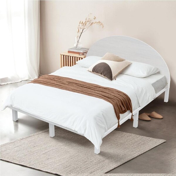 ACA Bed Frame Double Size Wooden Mattress Base Timber Platform Round Headboard Bedhead White