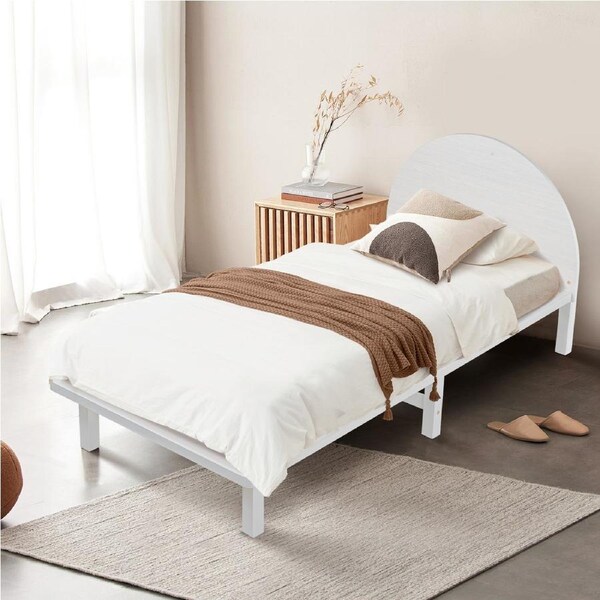 ACA Bed Frame Single Size Mattress Base Platform Round Headboard Bedroom Bedhead White