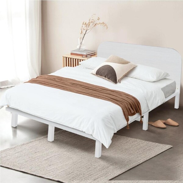 ACA Double Size Wood Bed Frame Solid Pine Wooden Base Platform Bed Square Bedhead Headboard White