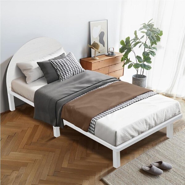 Single Size Wooden Bed Frame Solid Pine Wooden Base Platform Bed Round Bedhead White