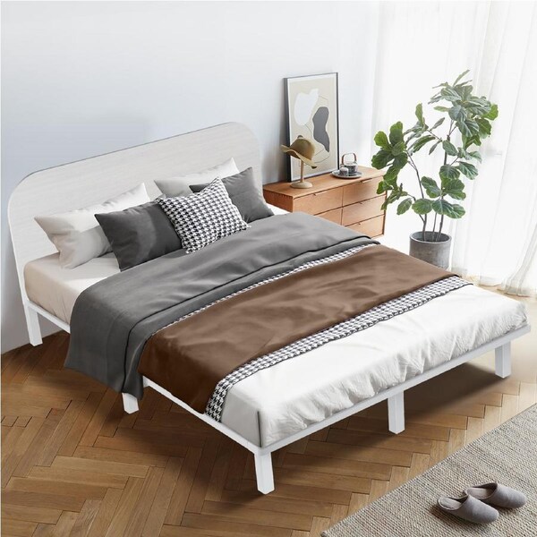 Bed Frame Double Size Wooden Mattress Base Timber Platform Square Bedhead White