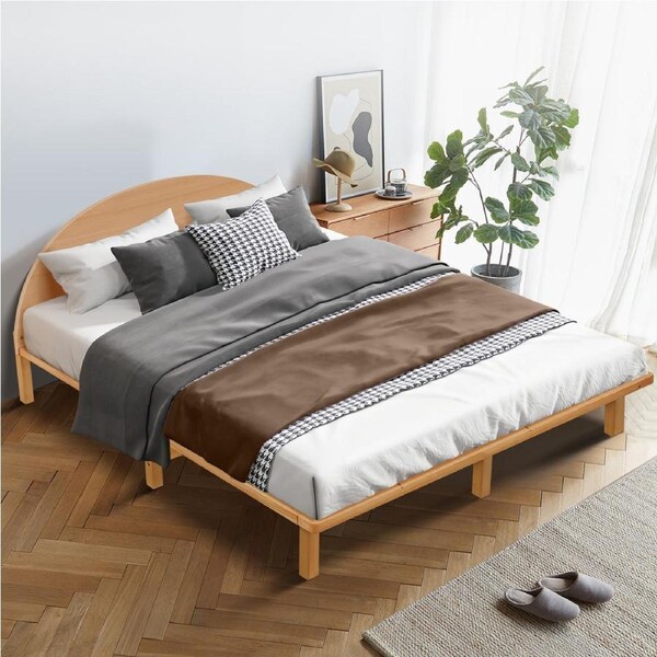 Double Size Wooden Bed Frame Solid Pine Wooden Base Platform Bed Round Bedhead Oak