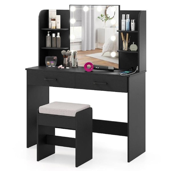 Costway Dressing Table & Stool Set w/LED Lighted Mirror & Charging Station Makeup Vanity Desk Black